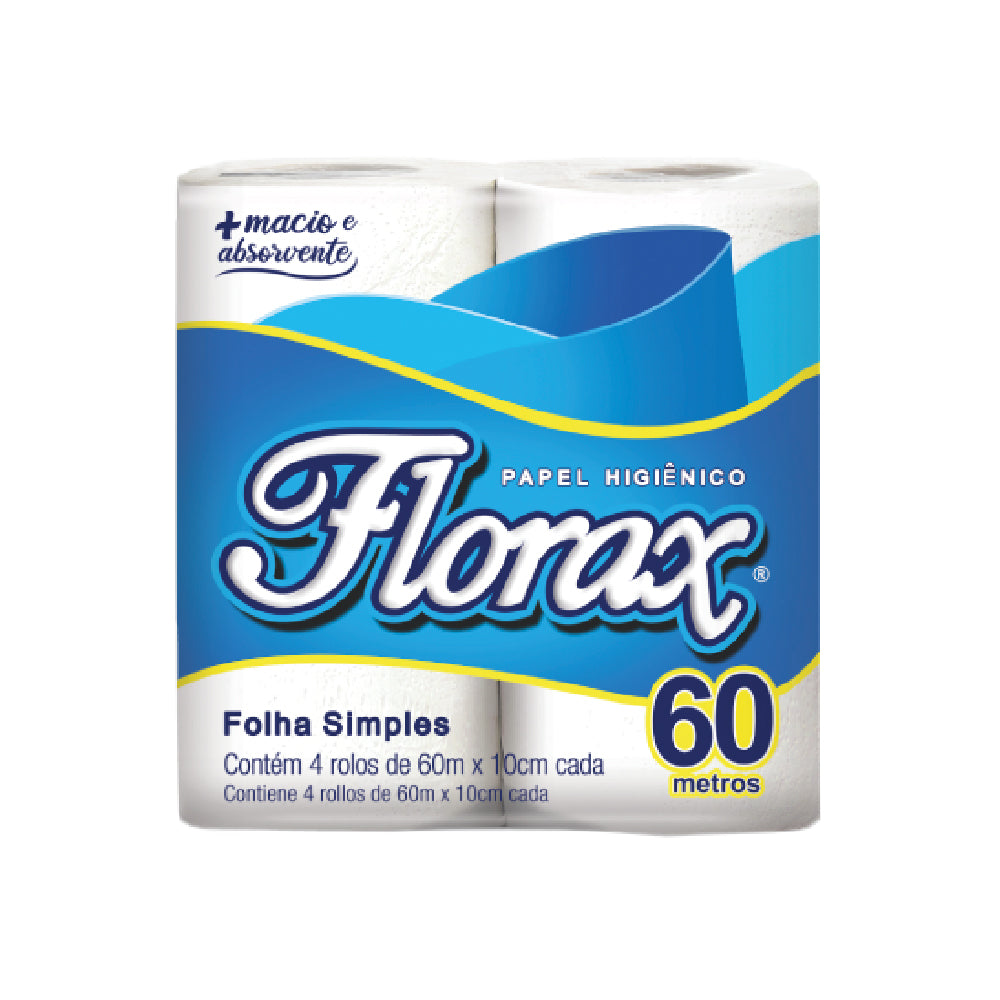 PAPEL HIGIENICO FLORAX HOJA SIMPLE - 4 Rollos x 60mts - Blanco